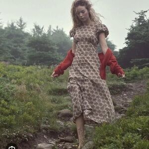 Doen Brown Floral Midi Dress with Red Accents